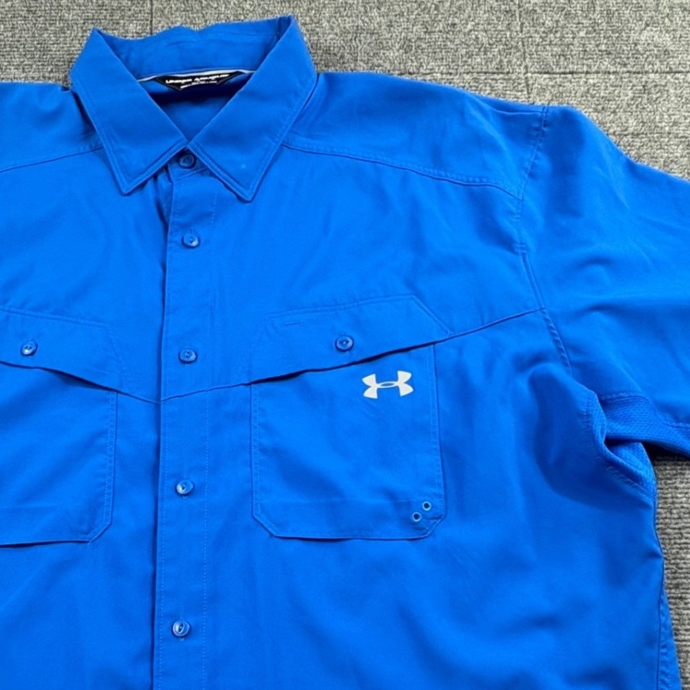 Under Armour Mens XL Blue Short Sleeve Fishing Shirt Button Down Ventilated Mesh